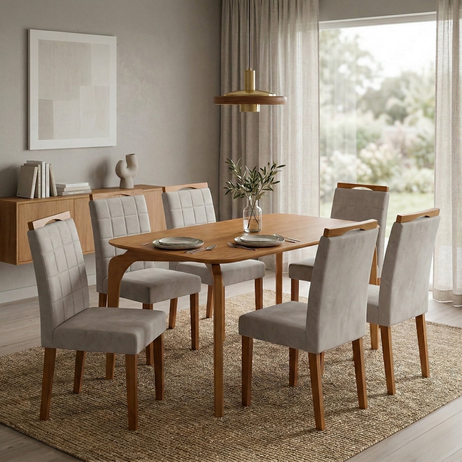 Mesa Capri 160 (S/Vidro) Laminado Natural com 6 Cadeiras Las Vegas Veludo Bege 01 – MÓVEIS VALVERDE + OURO DECOR