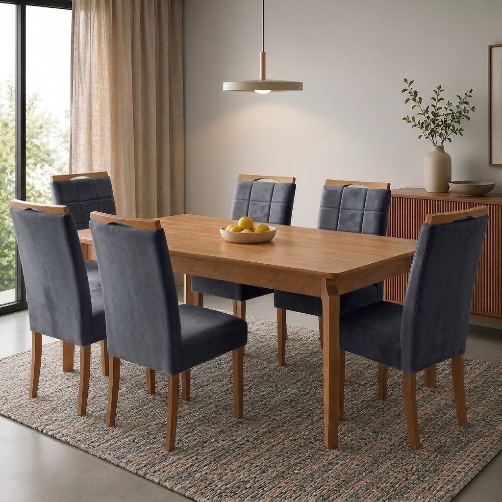 Mesa Atos 180 (Tampo 26 mm) Laminada Mel com 6 Cadeiras Las Vegas Veludo Cinza Grafite 10 – VIEIRA DECOR + OURO DECOR