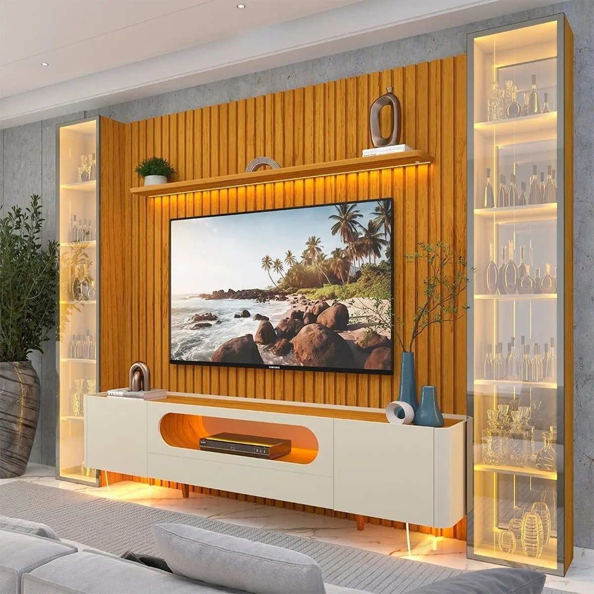 Painel até 85″ Nobre 230 Naturale + Rack Nobre 210 (Pés de Vidro) Off White/Naturale com Duas Torres Naturale – GELIUS (ESPECIAL)