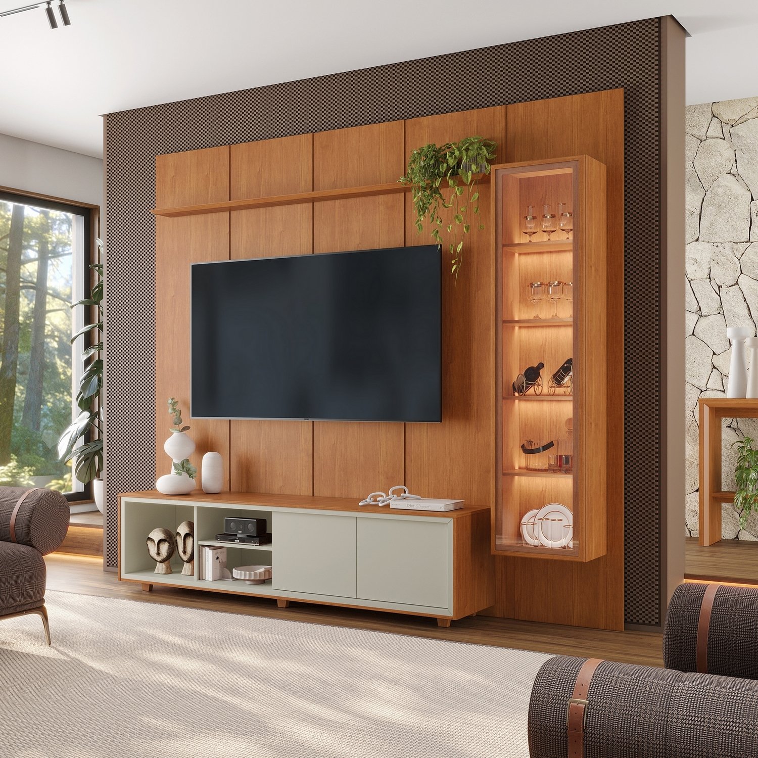 Painel até 75″ Dominus 2,32 m Naturale + Rack Dux Naturale/Off White + Cristaleira Dominus Naturale – MAVAULAR