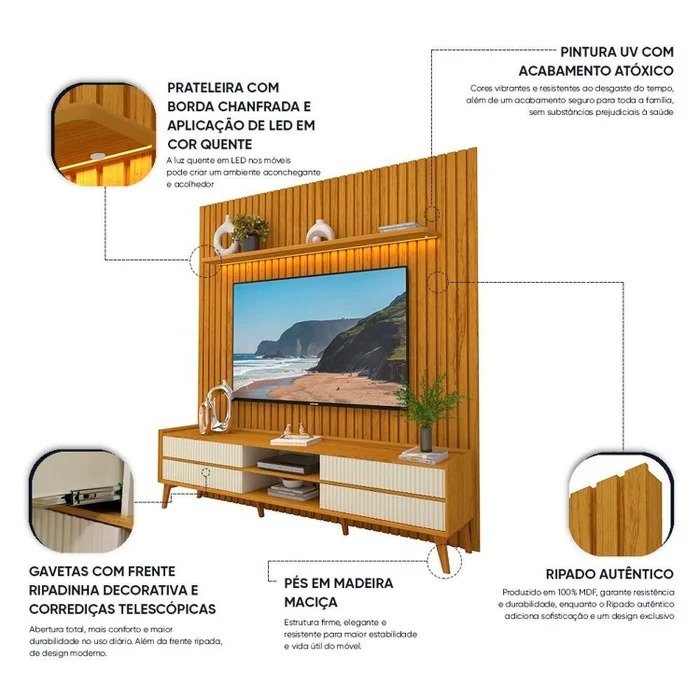Painel até 85″ Nobre 230 Naturale + Rack Magnífico Naturale/Off White – GELIUS - Imagem 4