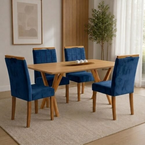Mesa Essência 120 (S/Vidro) Cinamomo com 4 Cadeiras Las Vegas Veludo Azul 24 – JCM MOVELARIA + OURO DECOR