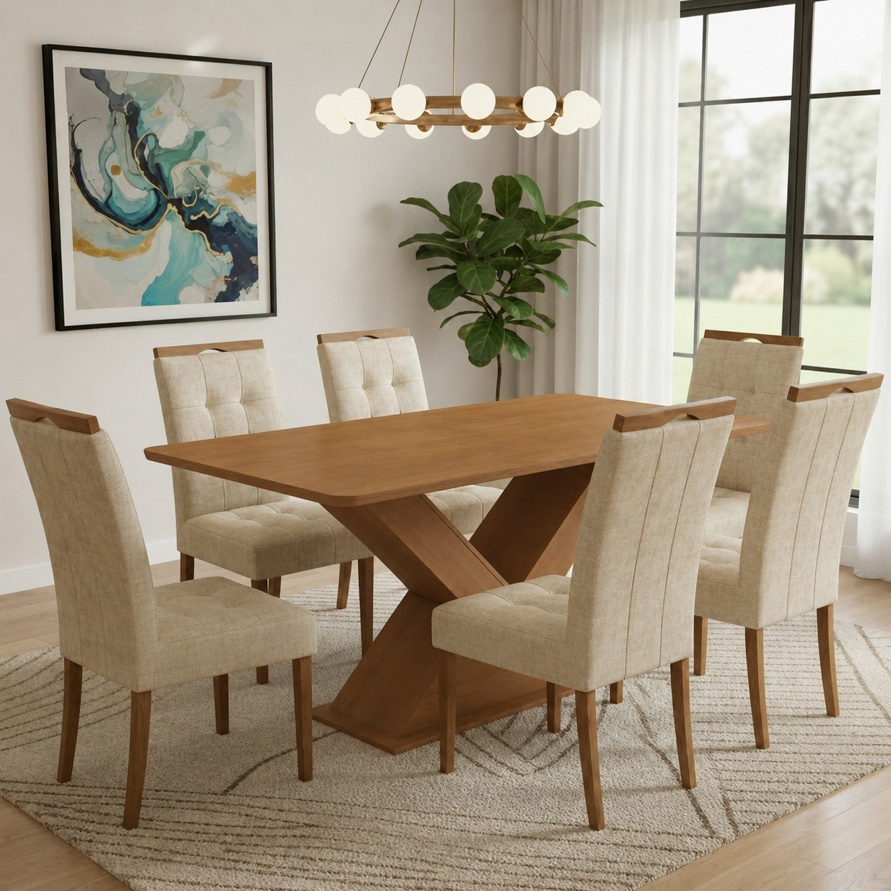 Mesa Amora BA35 160 (S/Vidro) Canela com 6 Cadeiras Sophia Linho Bege 200 – KAPPESBERG + WM DECOR