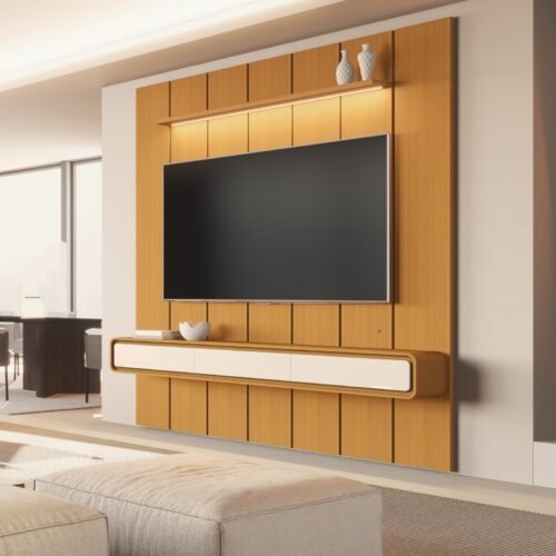Painel até 75″ Lumi 2,19 m Cedro + Nicho Liv 2,18 m Cedro/Off White – EDN MÓVEIS