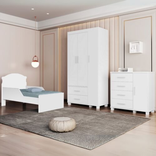 Guarda-Roupa 3 Portas + Cômoda + Mini Cama Juvenil Lívia Branco(Sem adesivo) – MADEC MÓVEIS