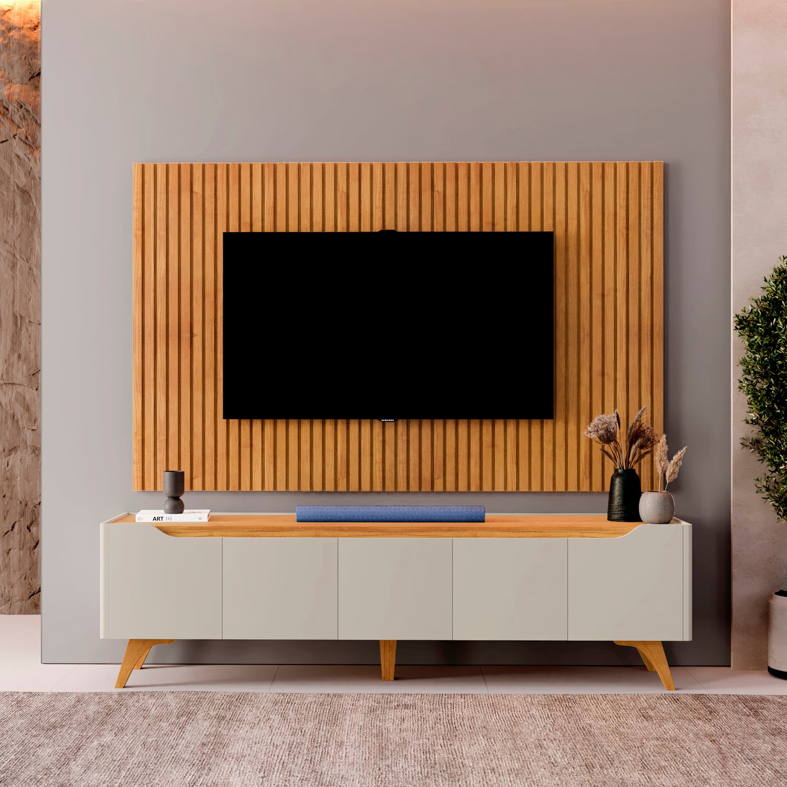 Painel Ripado até 75″ Versátilis 2,17 m Naturale + Rack Atenas Off White/Naturale – MAVAULAR