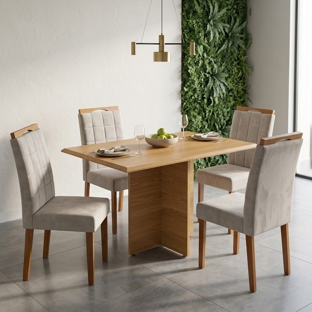Mesa Pérola 120 Imbuia Mel (Tampo Viena s/vidro) com 4 Cadeiras Las Vegas Veludo Bege 01 – CARVALHO DECOR + OURO DECOR