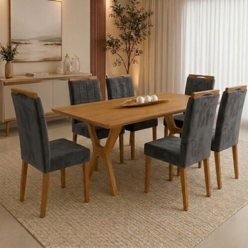 Mesa Essência 180 (S/Vidro) Cinamomo com 6 Cadeiras Las Vegas Veludo Cinza Grafite 10  – JCM MOVELARIA + OURO DECOR