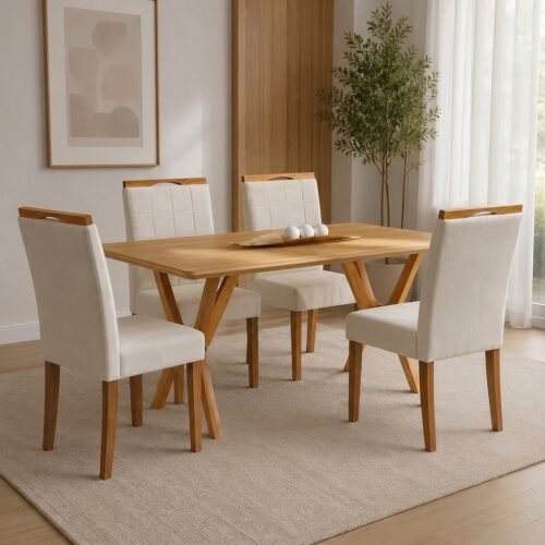 Mesa Essência 120 (S/Vidro) Cinamomo com 4 Cadeiras Las Vegas Veludo Bege 01 – JCM MOVELARIA + OURO DECOR