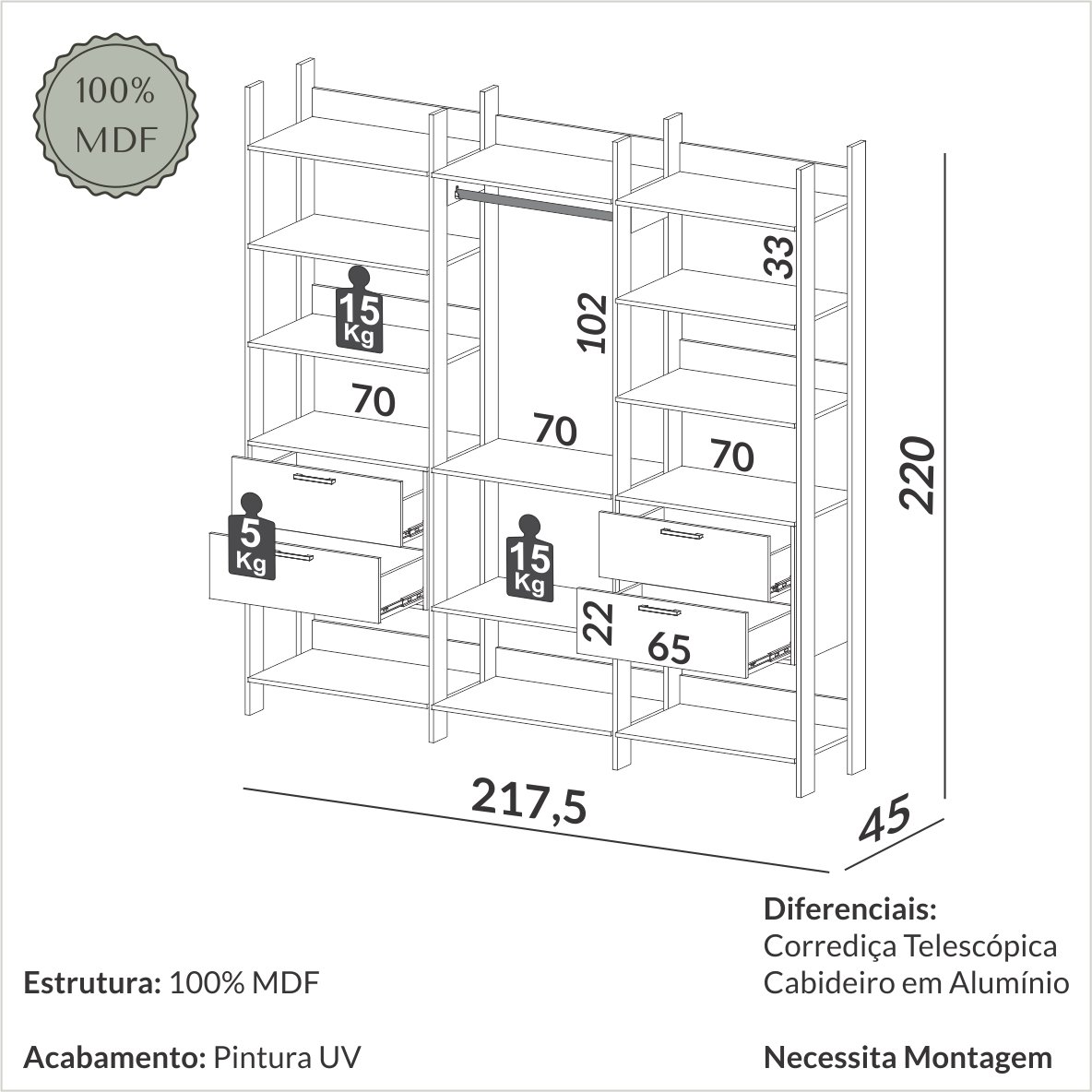 Closet 3 Torres TW404 2,175 m Off White/Freijó - DALLA COSTA - Imagem 4