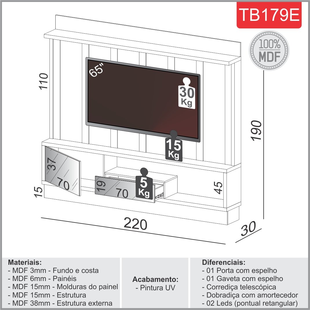 Home até 65" Vênus TB179E Off White/Freijó - DALLA COSTA - Imagem 2