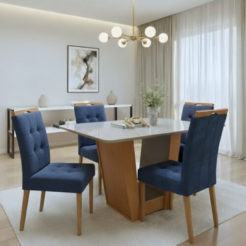 Mesa Apogeu (Tampo Maxi) 120 Amêndoa Clean/Off White com 4 Cadeiras Sophia Veludo Azul – LOPAS + WM DECOR