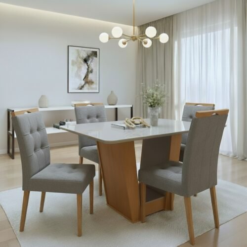 Mesa Apogeu (Tampo Maxi) 120 Amêndoa Clean/Off White com 4 Cadeiras Sophia Veludo Cinza Grafite – LOPAS + WM DECOR