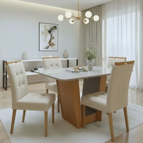 Mesa Apogeu (Tampo Maxi) 120 Amêndoa Clean/Off White com 4 Cadeiras Sophia Linho Bege 200 – LOPAS + WM DECOR
