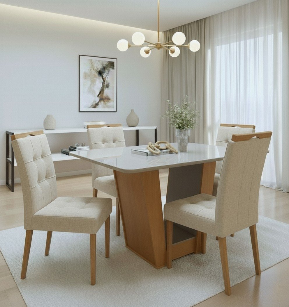 Mesa Apogeu (Tampo Maxi) 120 Amêndoa Clean/Off White com 4 Cadeiras Sophia Linho Bege 200 – LOPAS + WM DECOR