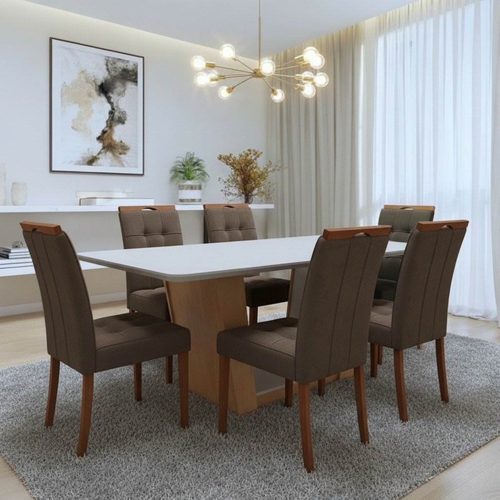 Mesa Apogeu (Tampo Maxi) 170 Amêndoa Clean/Off White com 6 Cadeiras Sophia Veludo Marrom – LOPAS + WM DECOR