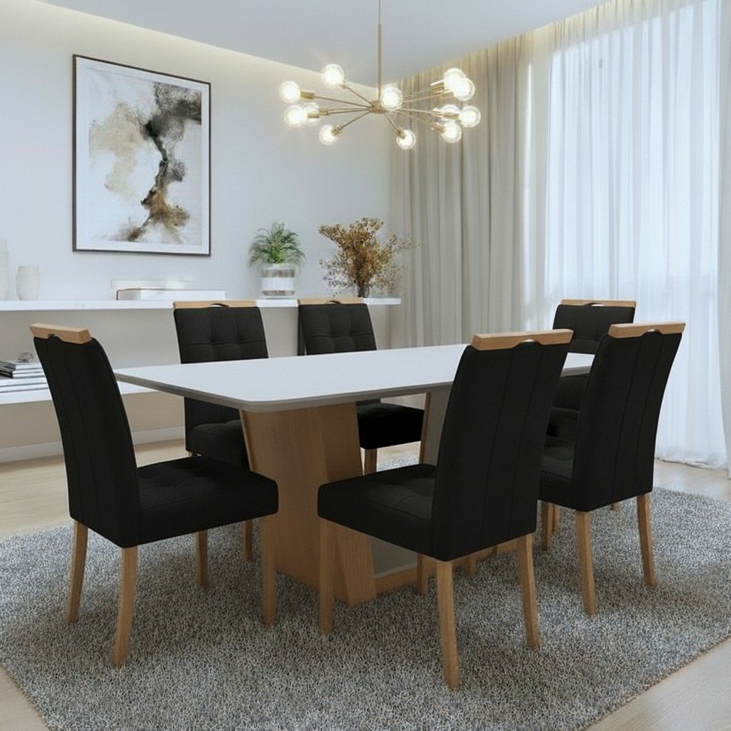 Mesa Apogeu (Tampo Maxi) 170 Amêndoa Clean/Off White com 6 Cadeiras Sophia Veludo Preto – LOPAS + WM DECOR