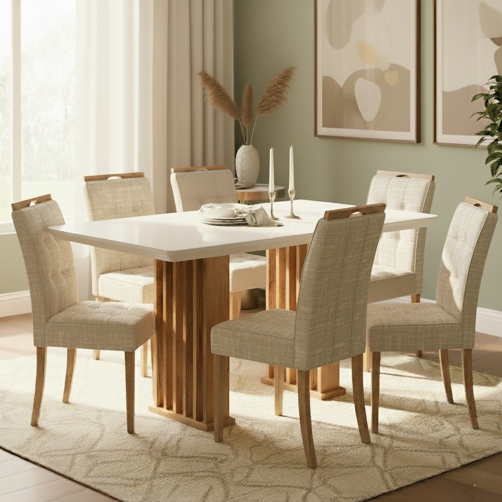 Mesa Mona/Munique 160 Mel/Blonde Off White com 6 Cadeiras Sophia Linho Bege 200 – VIERO + WM DECOR