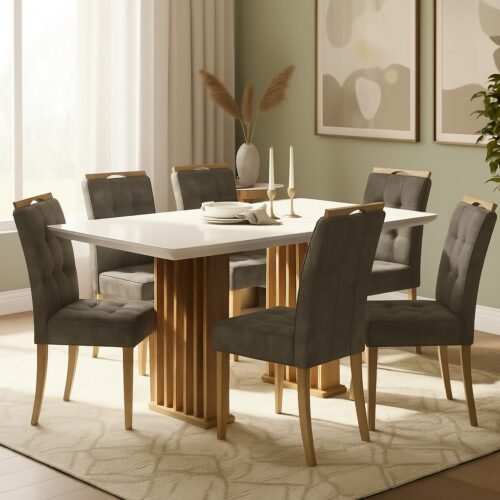 Mesa Mona/Munique 160 Mel/Blonde Off White com 6 Cadeiras Sophia Veludo Cinza Grafite – VIERO + WM DECOR