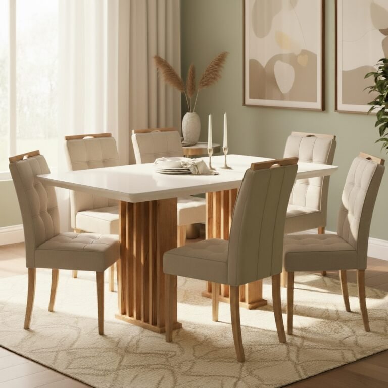 Mesa Mona/Munique 160 Mel/Blonde Off White com 6 Cadeiras Sophia Veludo Bege – VIERO + WM DECOR