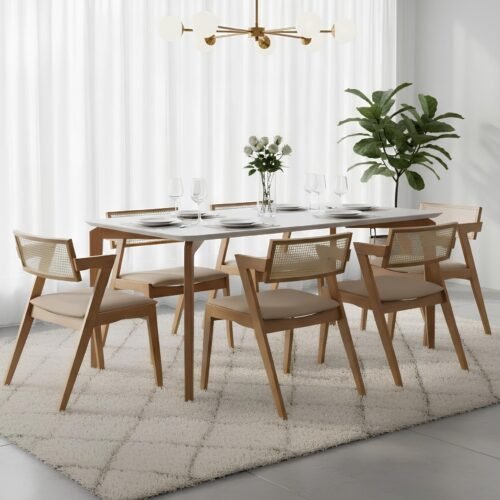 Mesa Roma 160 Canela/Off White com 6 Cadeiras Zeus Canela/Linho Bege – SALA VIP MOVELARIA