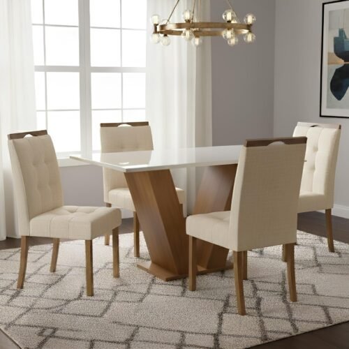 Mesa Classic 120 Cinamomo/Off White com 4 Cadeiras Sophia Linho Bege 200 – CEL MÓVEIS + WM DECOR