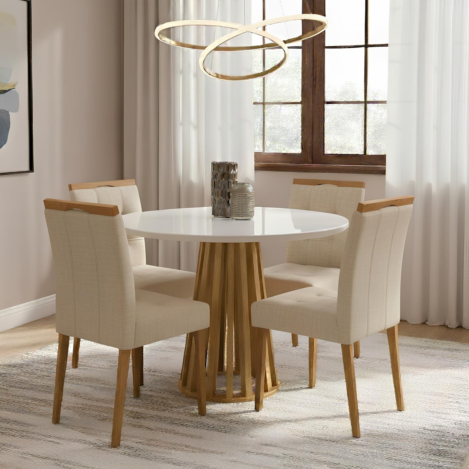Mesa Redonda Berlim 100 Cinamomo/Off White com 4 Cadeiras Sophia Veludo Linho Bege 200 – CEL MÓVEIS + WM DECOR