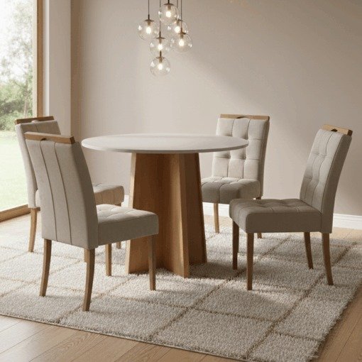Mesa Redonda Celebrare 100 Amêndoa Clean/Off White com 4 Cadeiras Sophia Veludo Bege – LOPAS + WM DECOR