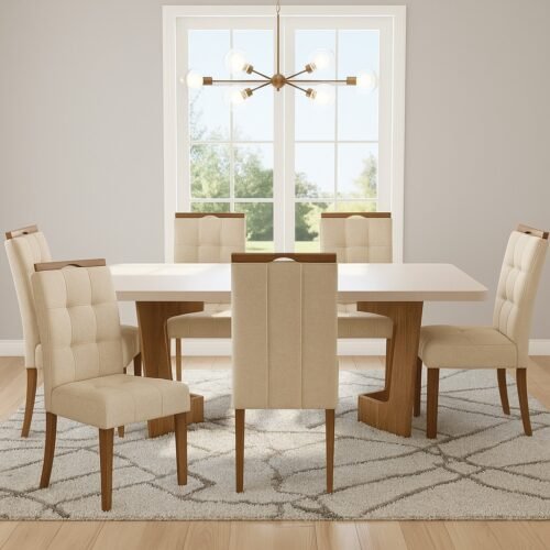 Mesa Liz 160 (Tampo 40 mm) Cinamomo/Off White com 6 Cadeiras Sophia Linho Bege 200 – VALDEMÓVEIS + WM DECOR