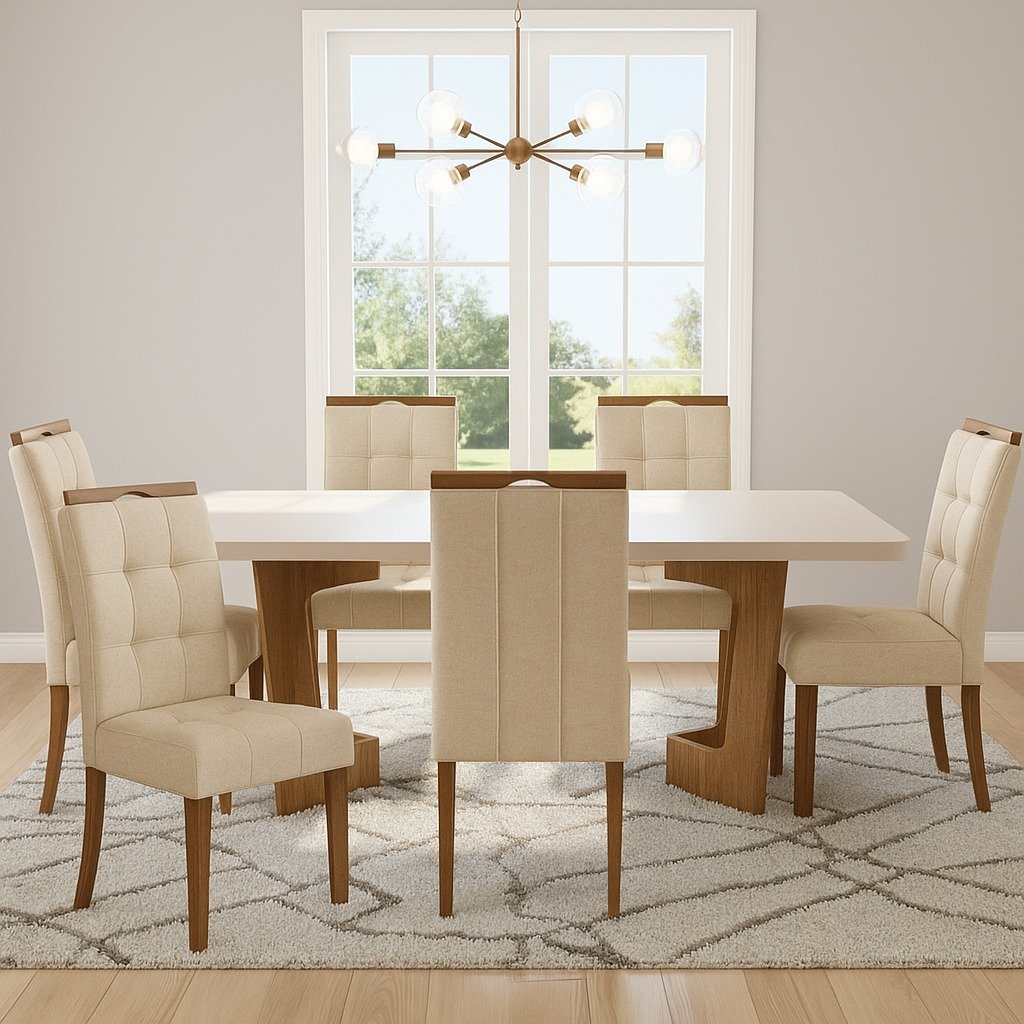 Mesa Liz 160 (Tampo 40 mm) Cinamomo/Off White com 6 Cadeiras Sophia Linho Bege 200 – VALDEMÓVEIS + WM DECOR