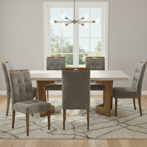 Mesa Liz 160 (Tampo 40 mm) Cinamomo/Off White com 6 Cadeiras Sophia Veludo Cinza Grafite – VALDEMÓVEIS + WM DECOR