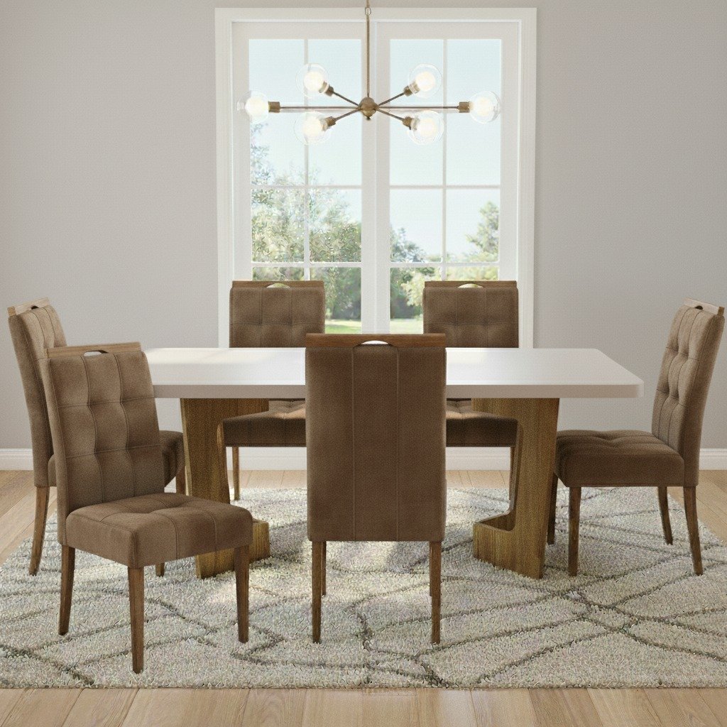 Mesa Liz 160 (Tampo 40 mm) Cinamomo/Off White com 6 Cadeiras Sophia Veludo Marrom – VALDEMÓVEIS + WM DECOR