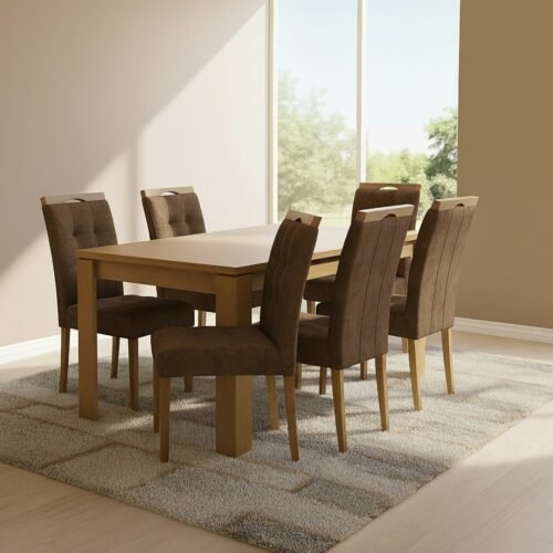 Mesa Athenas 180 Amêndoa Clean com 6 Cadeiras Sophia Veludo Marrom – LOPAS + WM DECOR