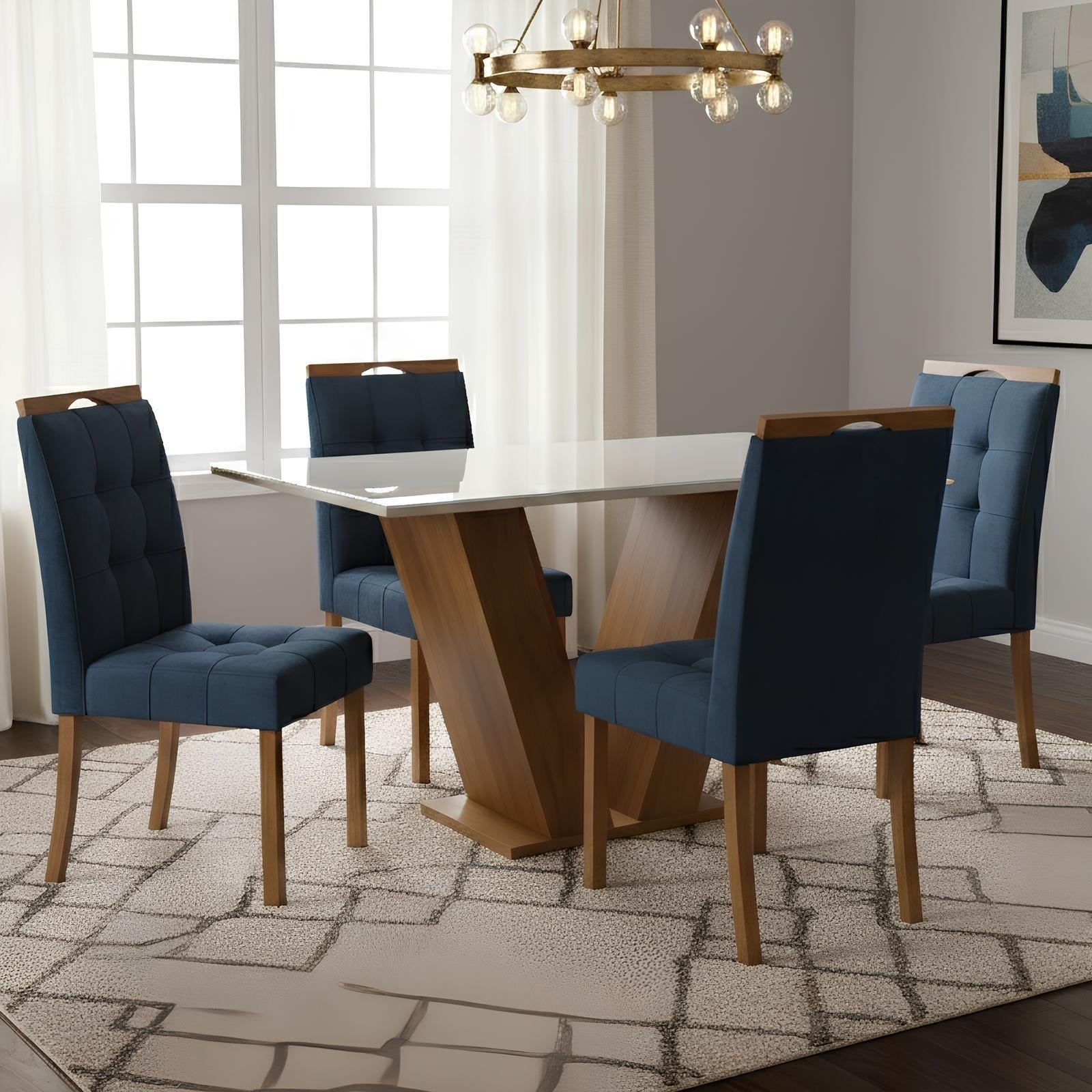Mesa Classic 120 Cinamomo/Off White com 4 Cadeiras Sophia Veludo Azul – CEL MÓVEIS + WM DECOR