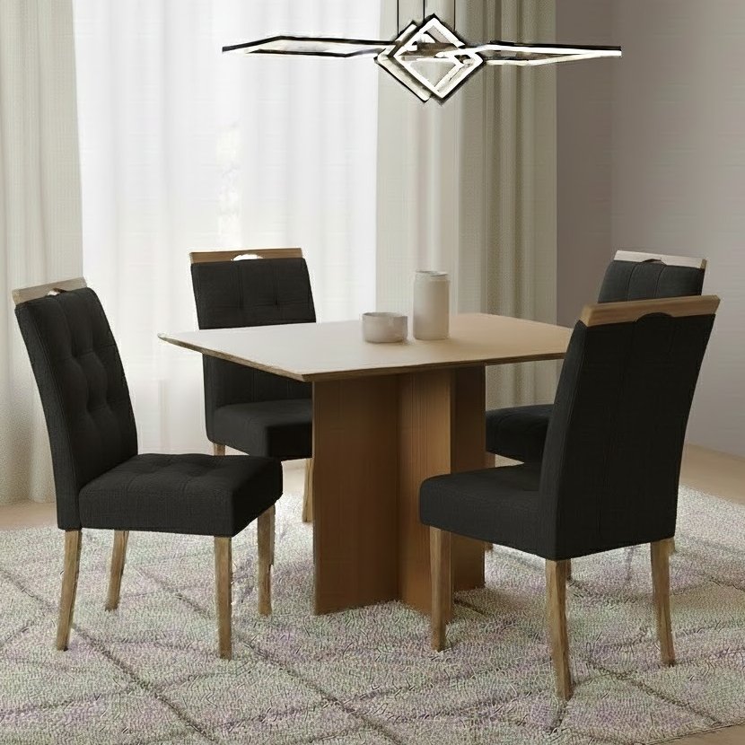 Mesa Pérola 120 Imbuia Mel (Tampo Viena s/vidro) com 4 Cadeiras Sophia Veludo Preto – CARVALHO DECOR + WM DECOR