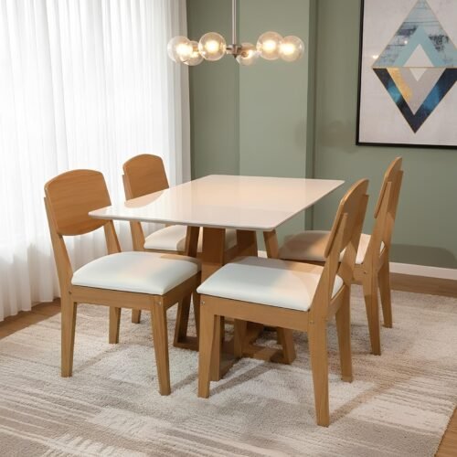 Mesa Pedro 90 Mel/Off White com 4 Cadeiras Havana Veludo Creme – ART ASSENTOS + RUFATO