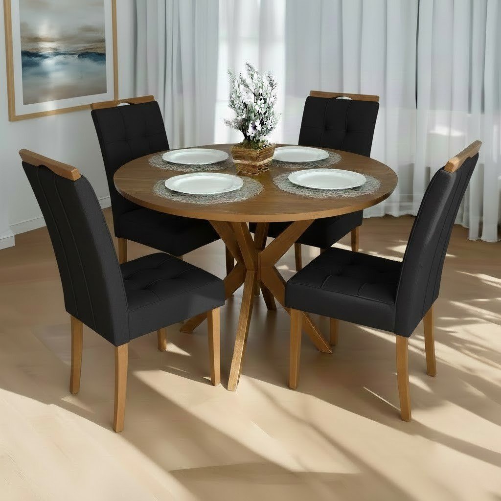 Mesa Redonda Simpatia 108 Cinamomo com 4 Cadeiras Sophia Veludo Preto – JCM MOVELARIA + WM DECOR