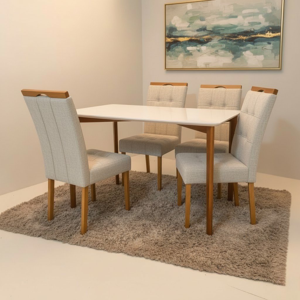 Mesa Ravena 120 Naturale/Off White com 4 Cadeiras Sophia Linho Bege 200 – CLEFATOS DECOR + WM DECOR