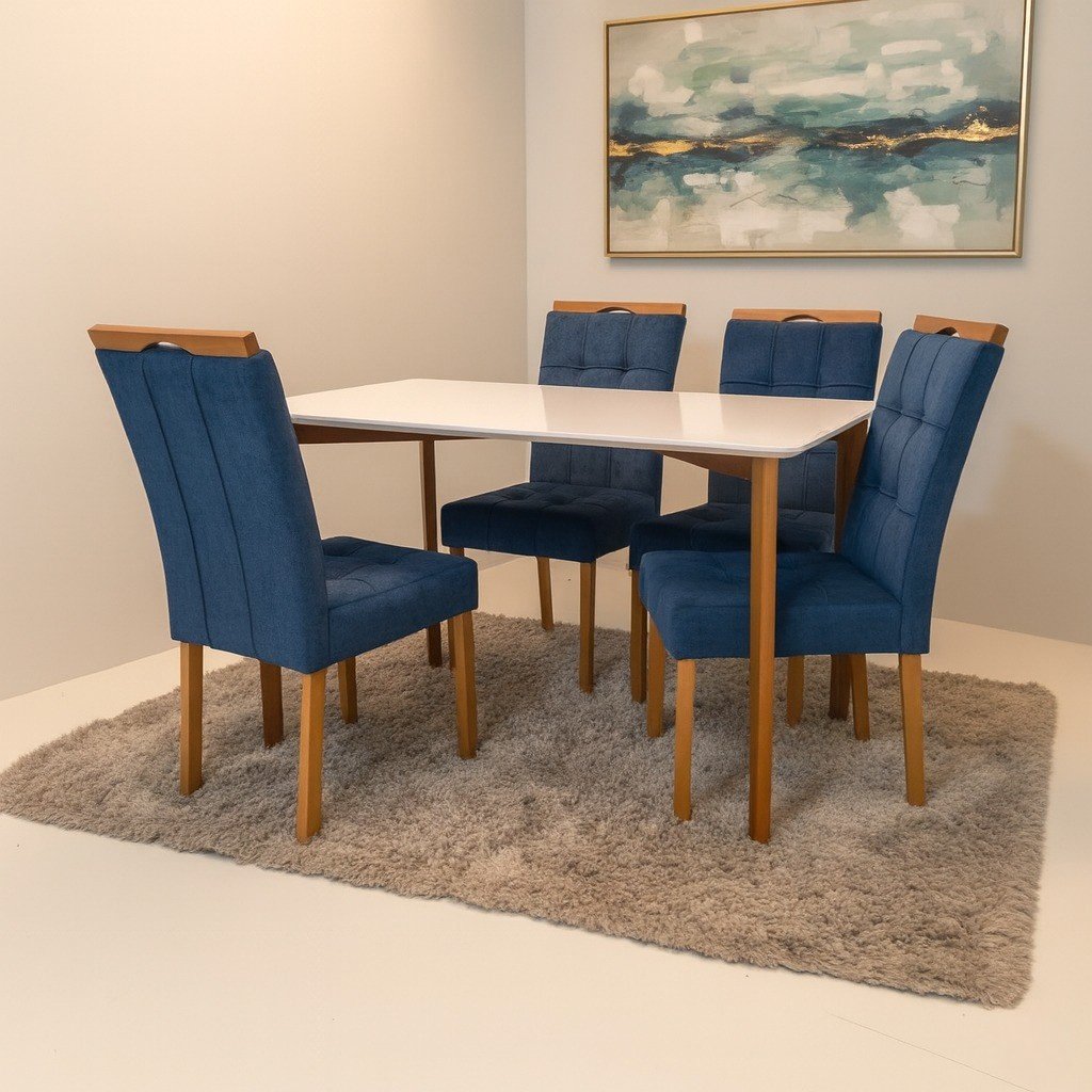 Mesa Ravena 120 Naturale/Off White com 4 Cadeiras Sophia Veludo Azul – CLEFATOS DECOR + WM DECOR