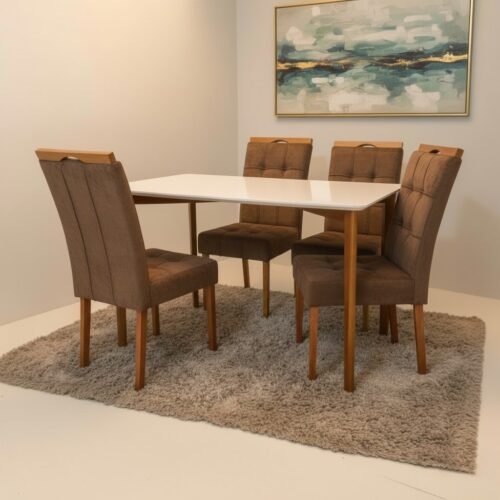 Mesa Ravena 120 Naturale/Off White com 4 Cadeiras Sophia Veludo Marrom – CLEFATOS DECOR + WM DECOR