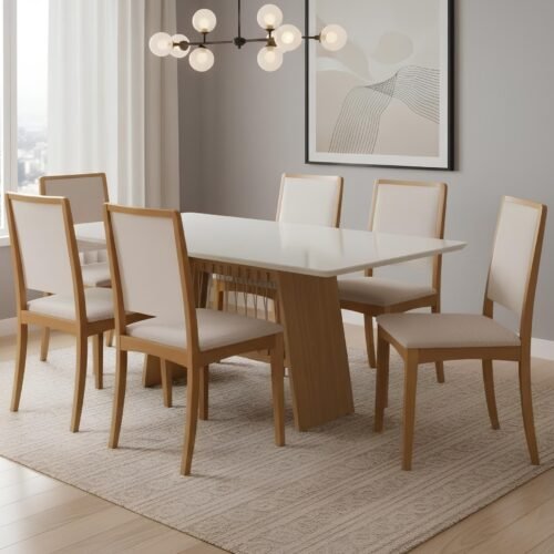 Mesa Damiana BA56 160 Canela/Off White com 6 Cadeiras Lara 2CMM007CA Linho Areia – KAPPESBERG