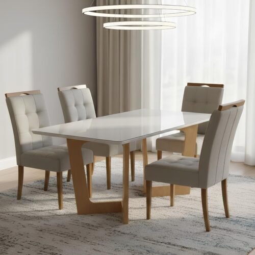 Mesa Dubai 120 (Tampo Londres) Cinamomo/Off White com 4 Cadeiras Sophia Veludo Bege – CEL MÓVEIS + WM DECOR