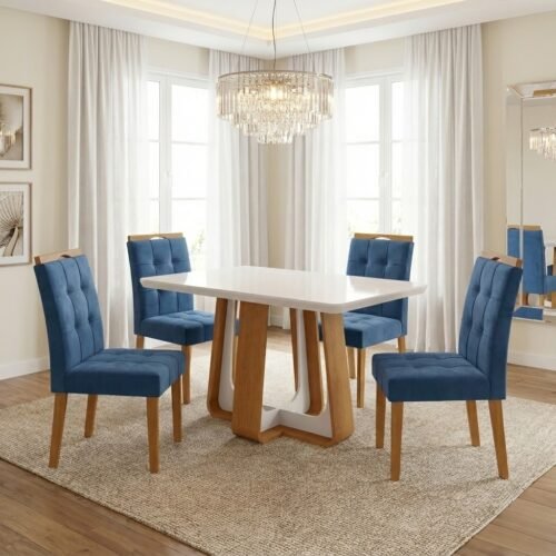 Mesa Sintonia (Tampo Maxi) 120 Amêndoa Clean/Off White com 4 Cadeiras Sophia Veludo Azul – LOPAS + WM DECOR