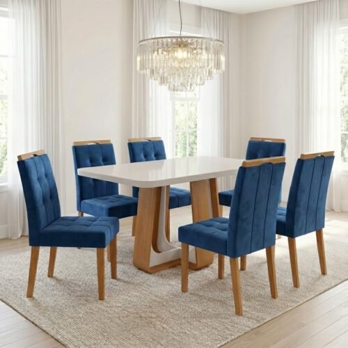 Mesa Sintonia (Tampo Maxi) 170 Amêndoa Clean/Off White com 6 Cadeiras Sophia Veludo Azul – LOPAS + WM DECOR