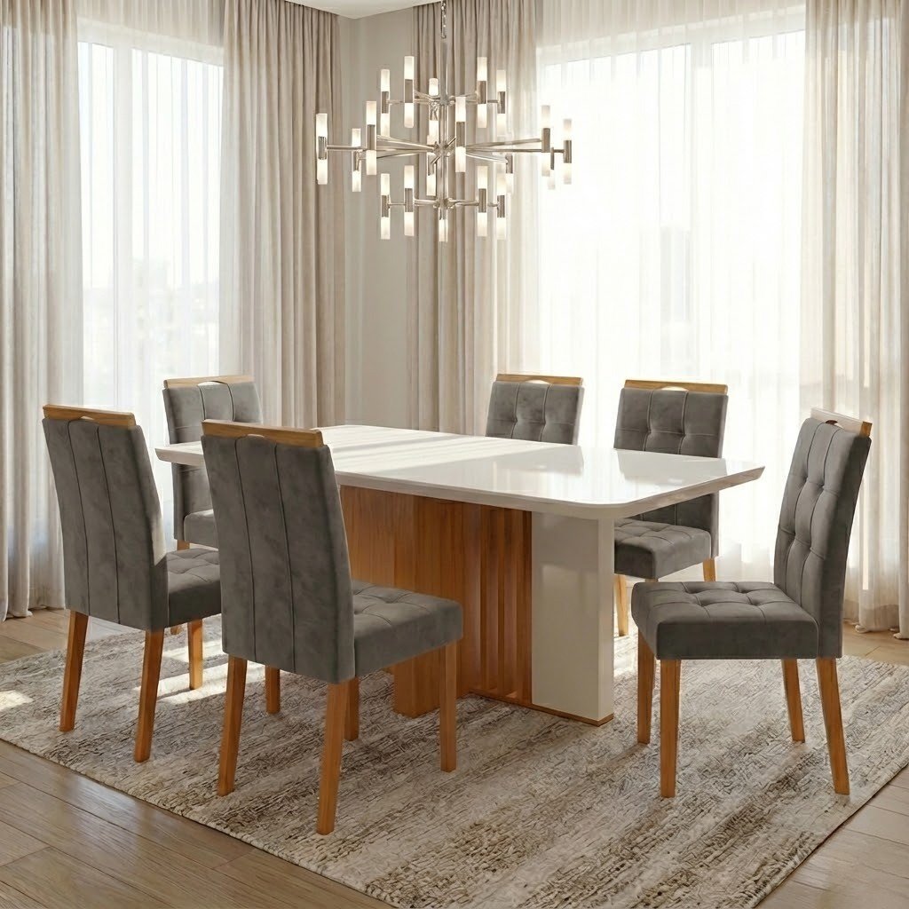 Mesa Astrid (Tampo Maxi) 170 Amêndoa Clean/Off White com 6 Cadeiras Sophia Veludo Cinza Grafite – LOPAS + WM DECOR