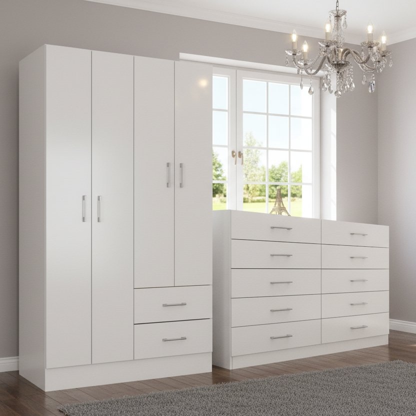 Guarda-Roupa 4 Portas Panamá 4002 + Cômoda 10 Gavetas Caribe Branco – FELLICCI
