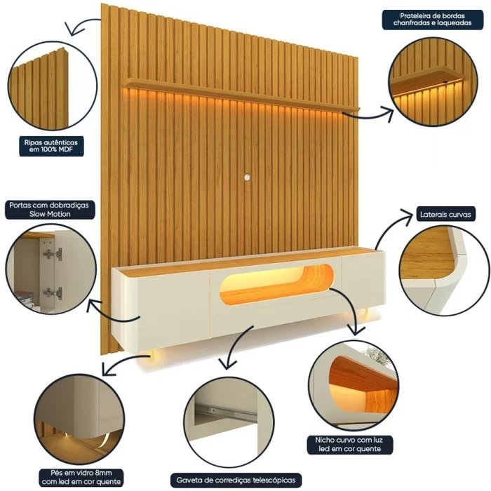 Painel até 85″ Nobre 230 Naturale + Rack Nobre 210 (Pés de Vidro) Off White/Naturale – GELIUS - Imagem 2