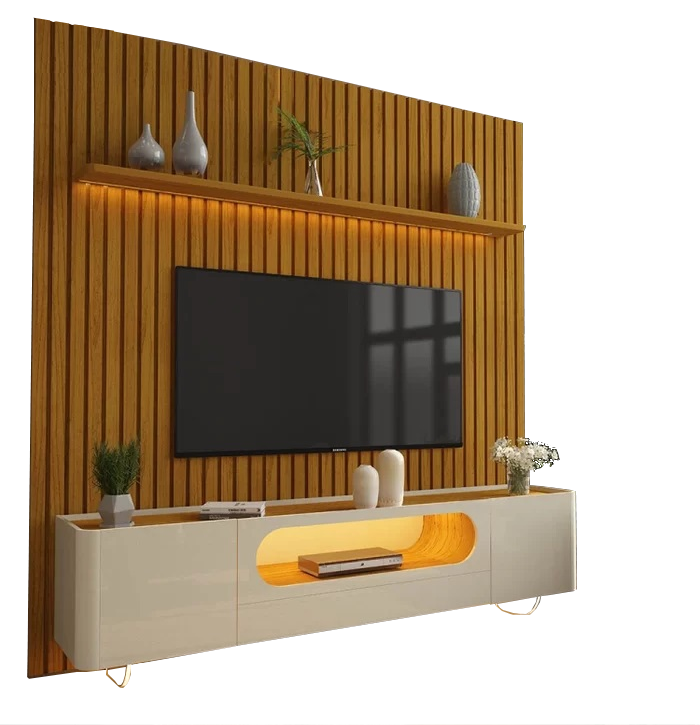 Painel até 85″ Nobre 230 Naturale + Rack Nobre 210 (Pés de Vidro) Off White/Naturale – GELIUS - Imagem 5