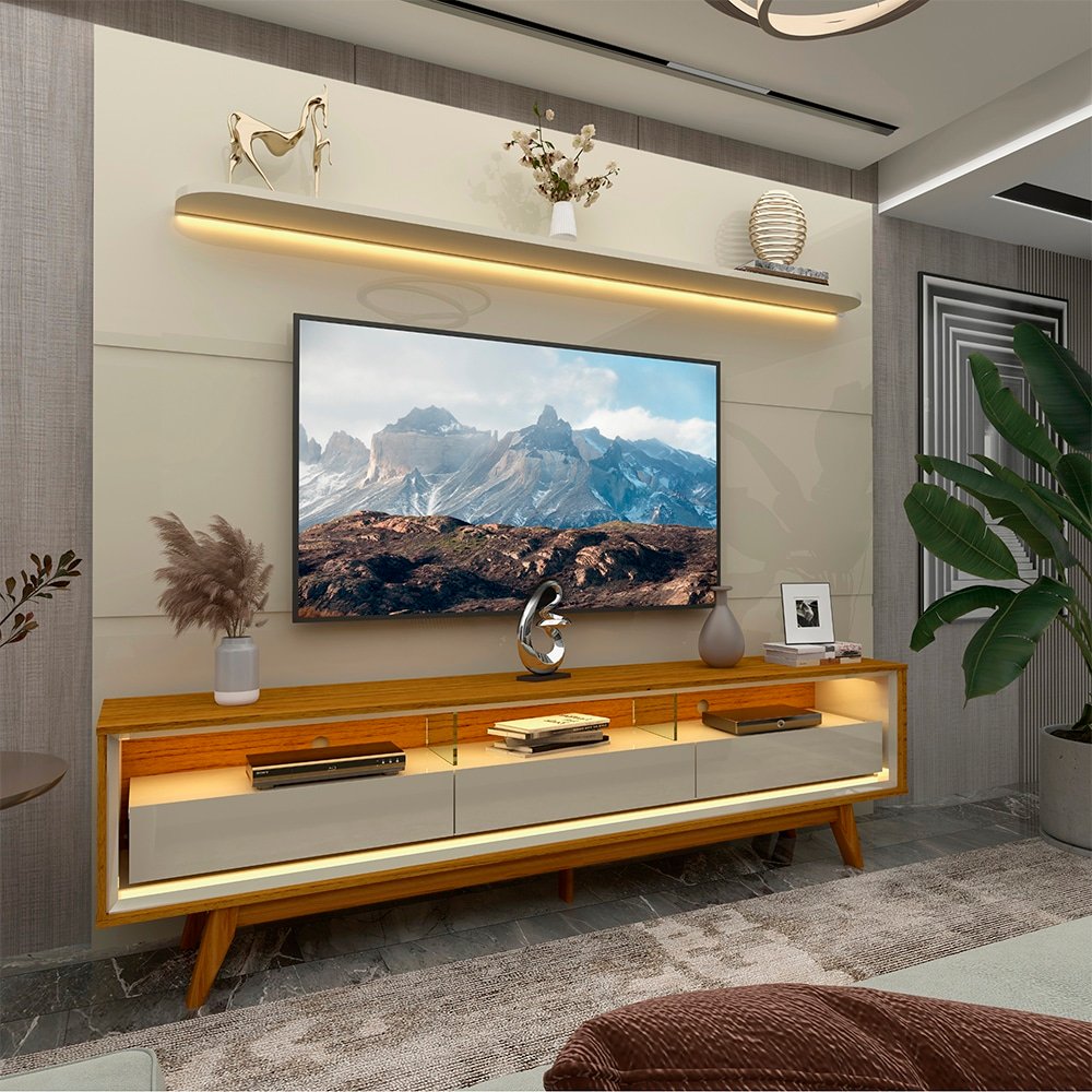 Painel até 85″ Royal 220 Off White + Rack Requinte 212 Naturale/Off White – GELIUS