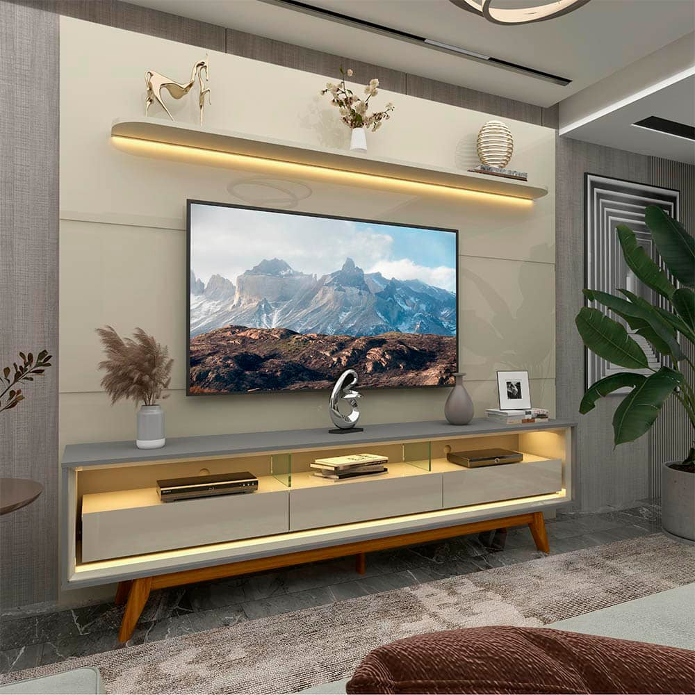 Painel até 85″ Royal 220 Off White + Rack Requinte 212 Cinza/Off White – GELIUS